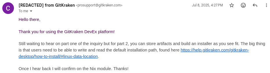 Screenshot of support email allowing caching of GitKraken